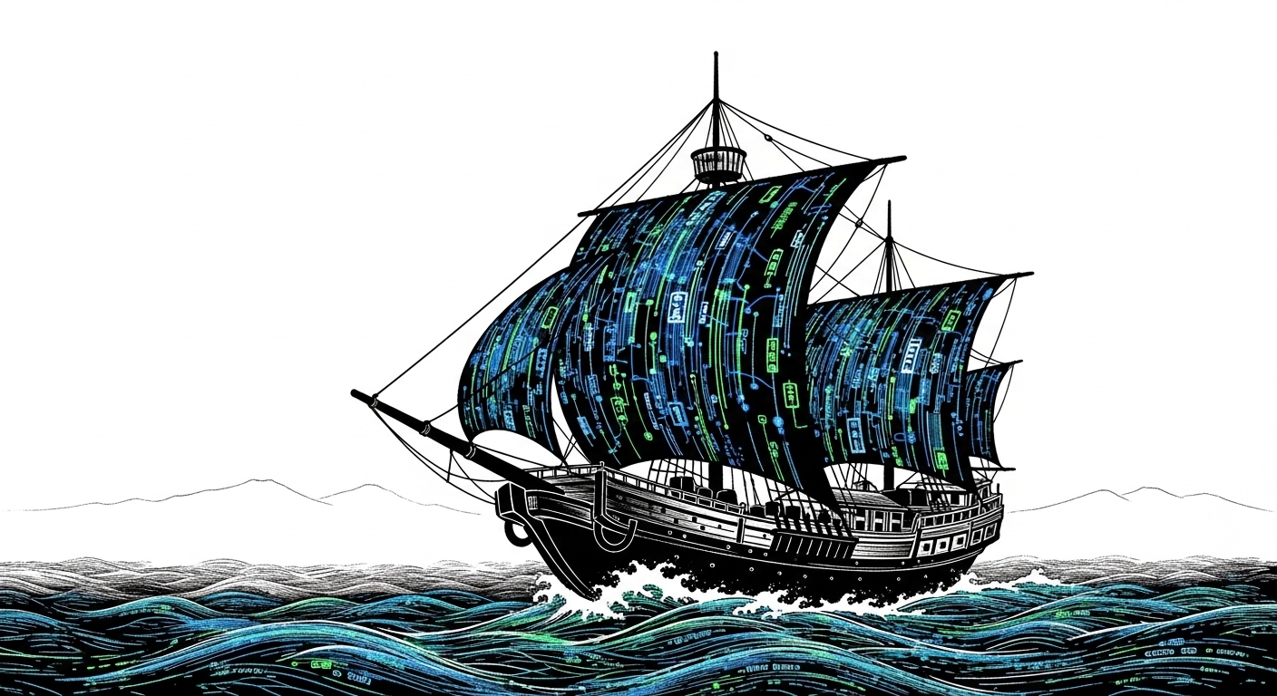 Japanese ink painting of a merchant ship navigating open waters representing WooCommerce e-commerce development