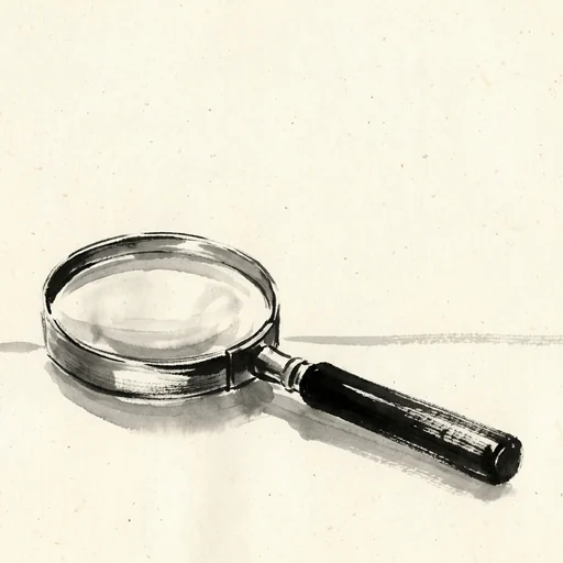 Sumi-e ink painting of a magnifying glass resting on a sheet of paper