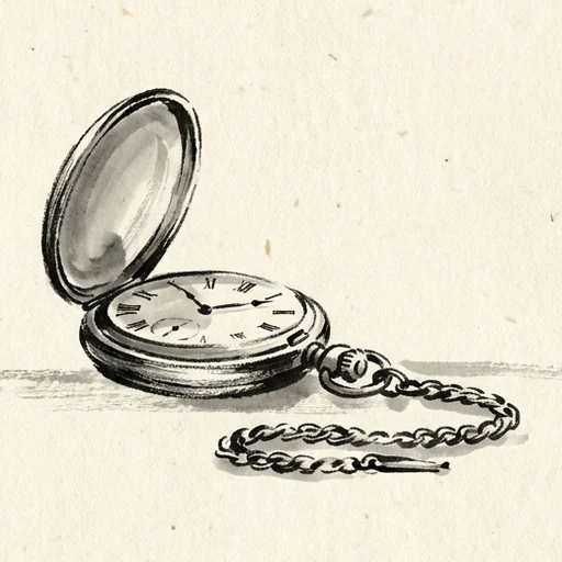 Sumi-e ink painting of a pocket watch lying open on its chain