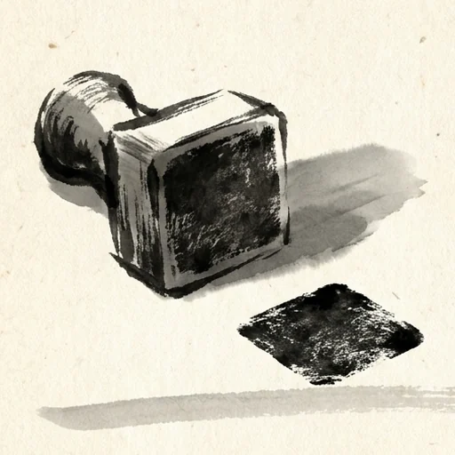Sumi-e ink painting of a carved name seal standing beside the fresh mark it has just stamped on paper