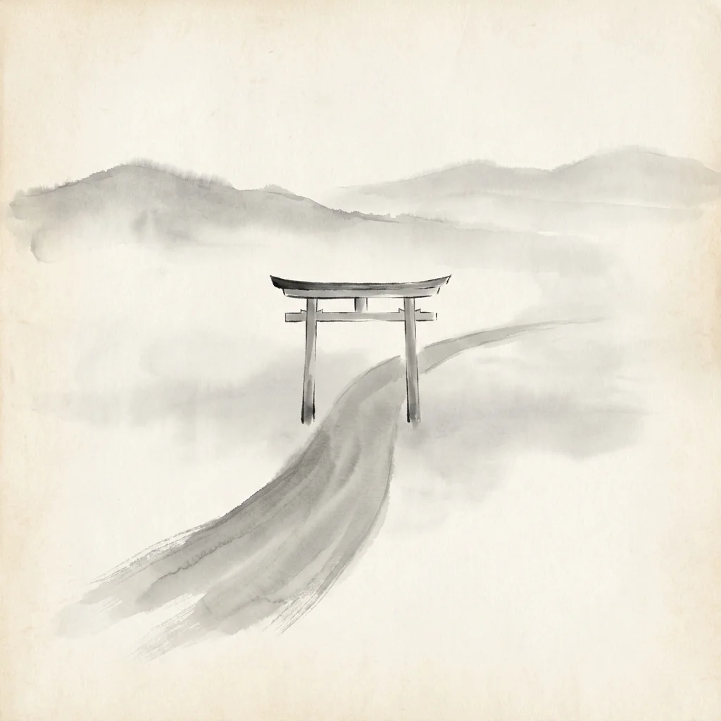 Sumi-e ink art of an open torii path — accessibility for everyone