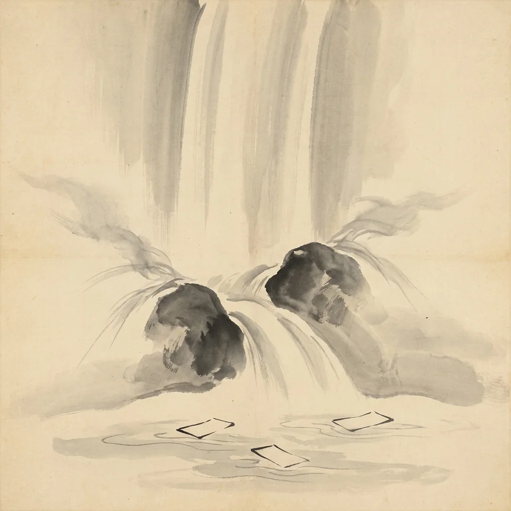 Sumi-e ink art of a waterfall filtering into messages — Ethel keeps forms clean