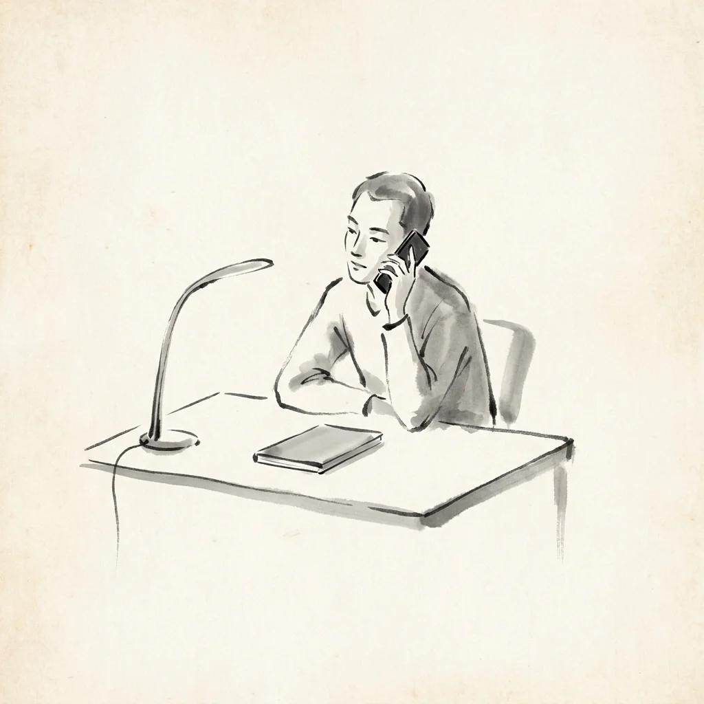 Sumi-e ink art of a person at a modern desk on the phone — human always in the loop