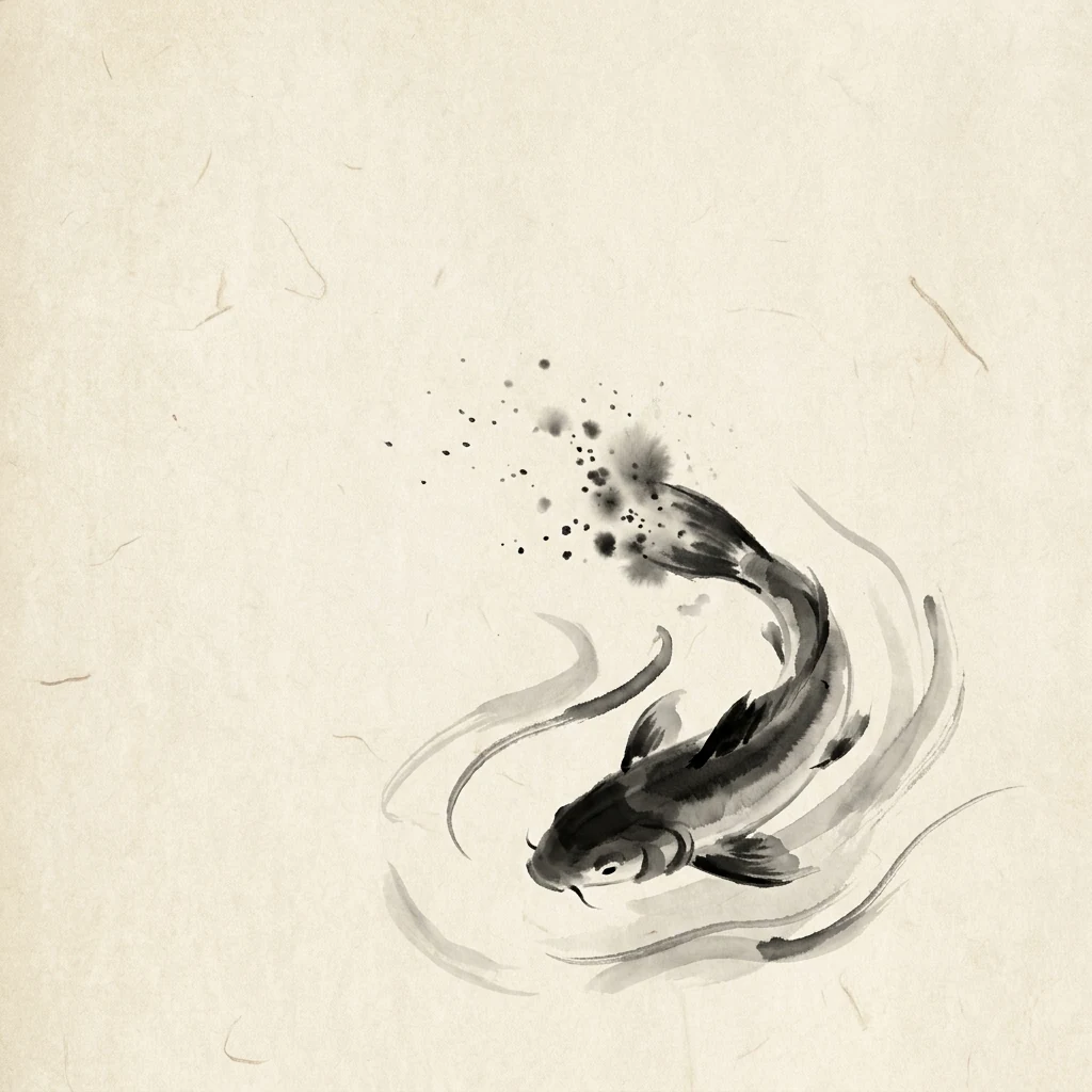 Sumi-e ink art of a koi turning mid-stream — pivot without a rebuild