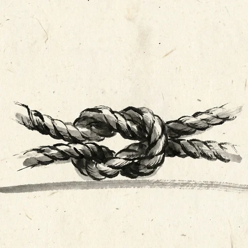 Sumi-e ink painting of two lengths of rope joined in a single tight knot