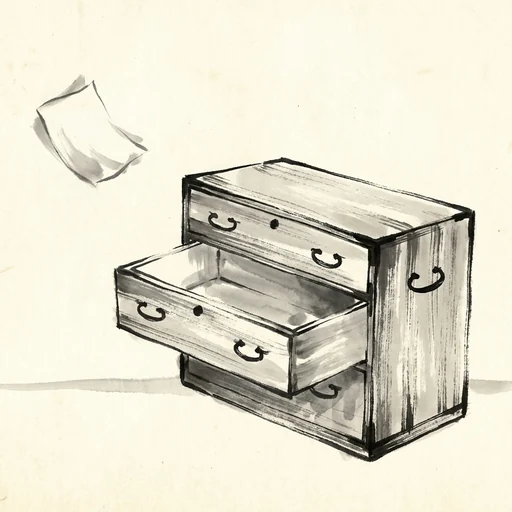 Sumi-e ink painting of a wooden tansu chest with one drawer pulled open