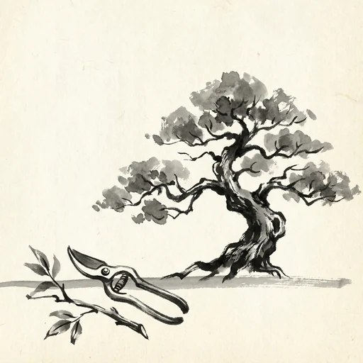 Sumi-e ink painting of a bonsai tree beside a pair of pruning shears and one cut branch on the ground