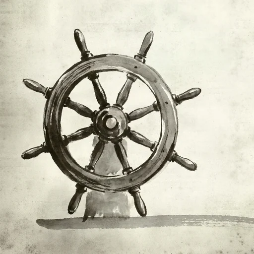 Sumi-e ink painting of a ship's steering wheel, spoked, standing on its own