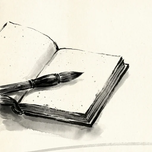 Sumi-e ink painting of an ink brush laid across an open blank notebook
