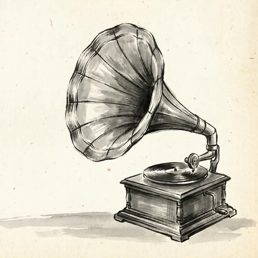 Sumi-e ink painting of an old gramophone with a large flared horn