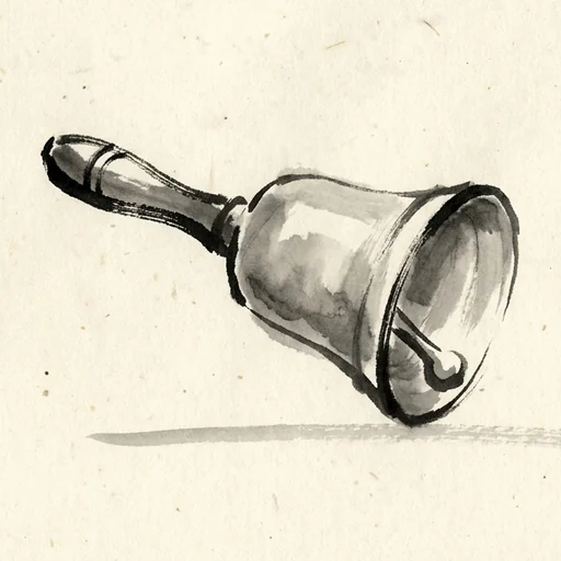 Sumi-e ink painting of a small hand bell, resting on its side