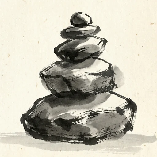 Sumi-e ink painting of a stacked cairn of five stones, each one larger than the last