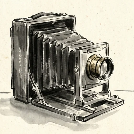 Sumi-e ink painting of an old folding bellows camera