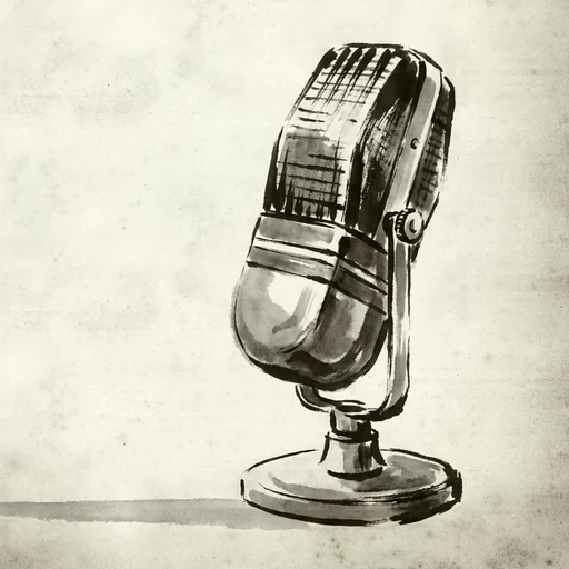Sumi-e ink painting of a vintage ribbon microphone on a small desk stand
