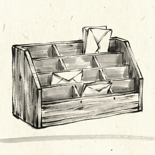 Sumi-e ink painting of a wooden pigeonhole letter rack with several open compartments, a few folded letters tucked in