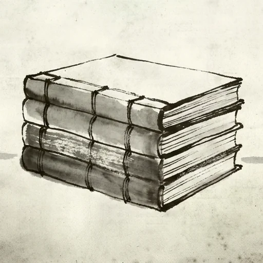 Sumi-e ink painting of a neat stack of thread-bound books