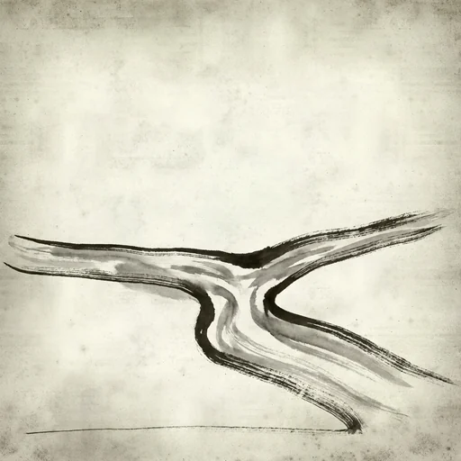 Sumi-e ink painting of a wide river forking into three separate channels, seen from above