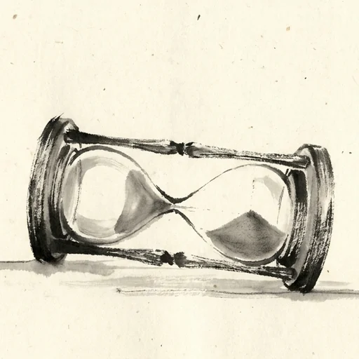 Sumi-e ink painting of an hourglass lying on its side, all the sand run out