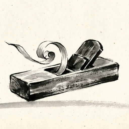 Sumi-e ink painting of a woodworking hand plane with a single long curl of shaving
