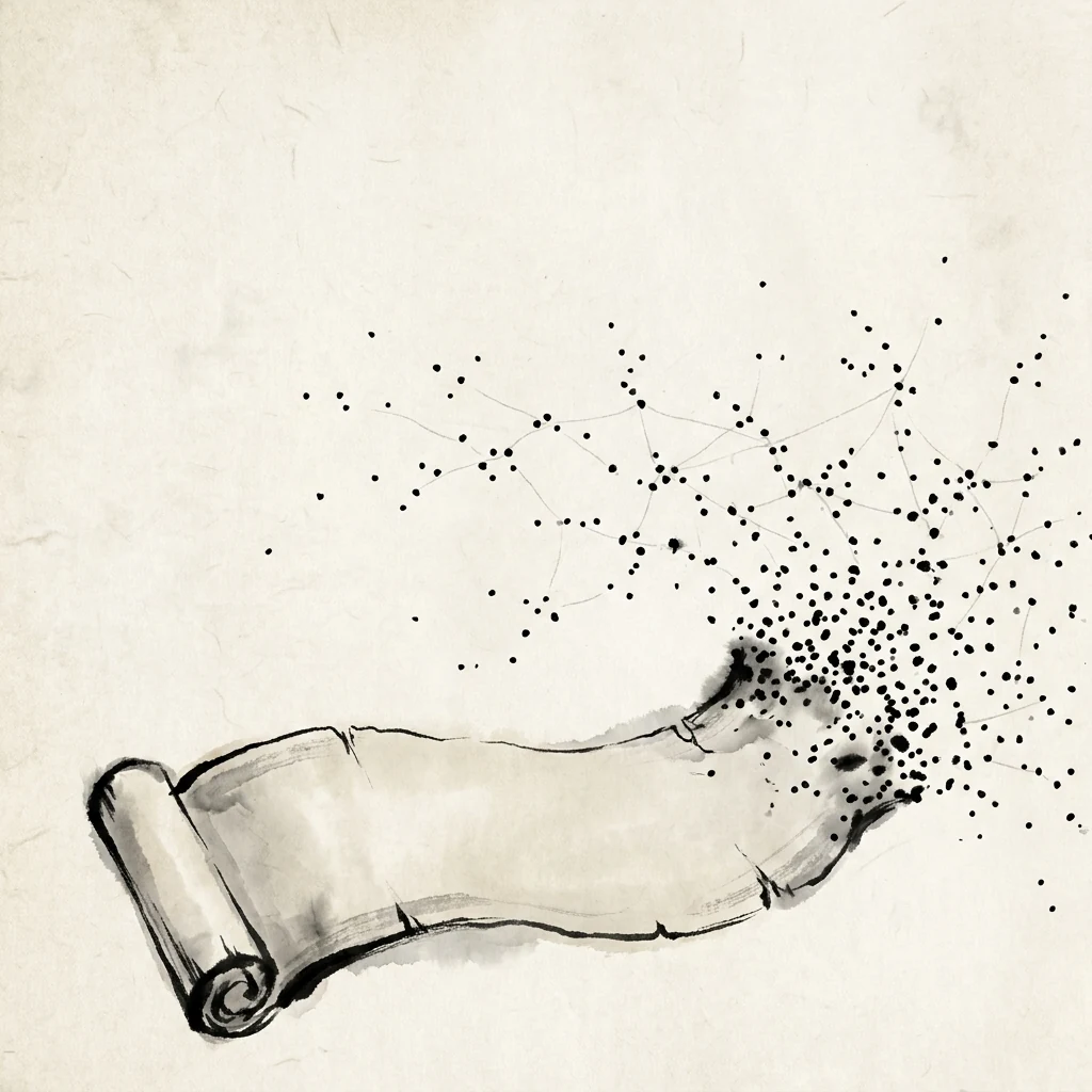 Sumi-e ink art of a scroll unrolling into a constellation — ready for the AI future