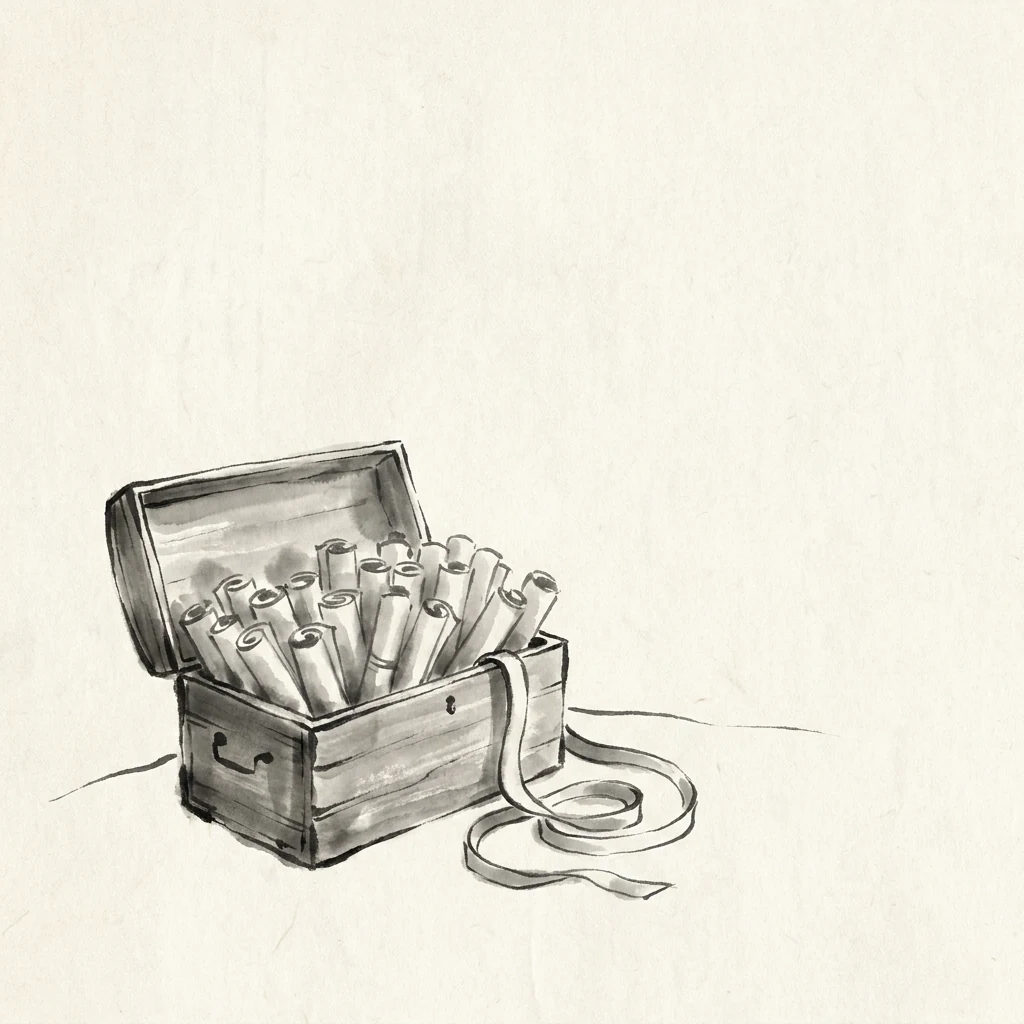 Sumi-e ink art of a suitcase packed with scrolls — you own every line