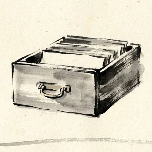 Sumi-e ink painting of a wooden card-file drawer, closed, with one brass pull