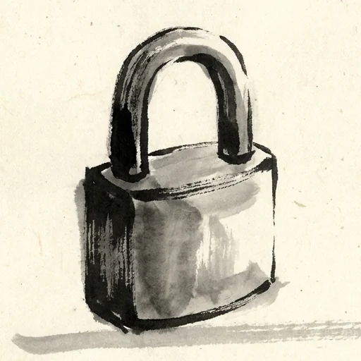 Sumi-e ink painting of a single heavy iron padlock, closed, resting alone