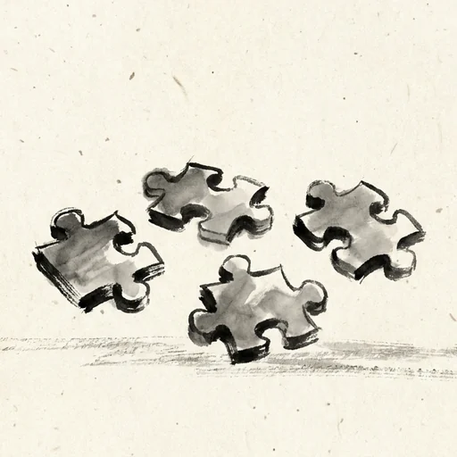 Sumi-e ink painting of four scattered jigsaw puzzle pieces, none of them connected