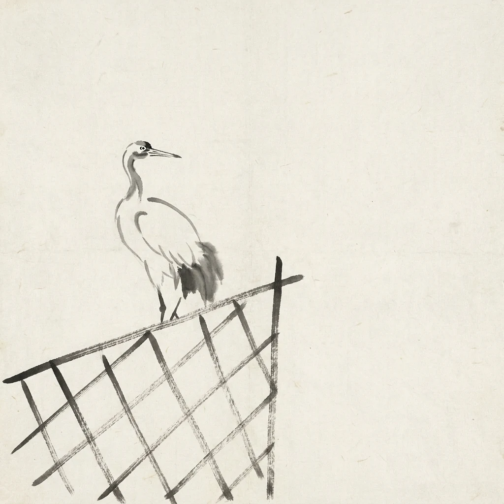 Sumi-e ink art of a watchful crane over a lattice — Vigil compliance sweeps