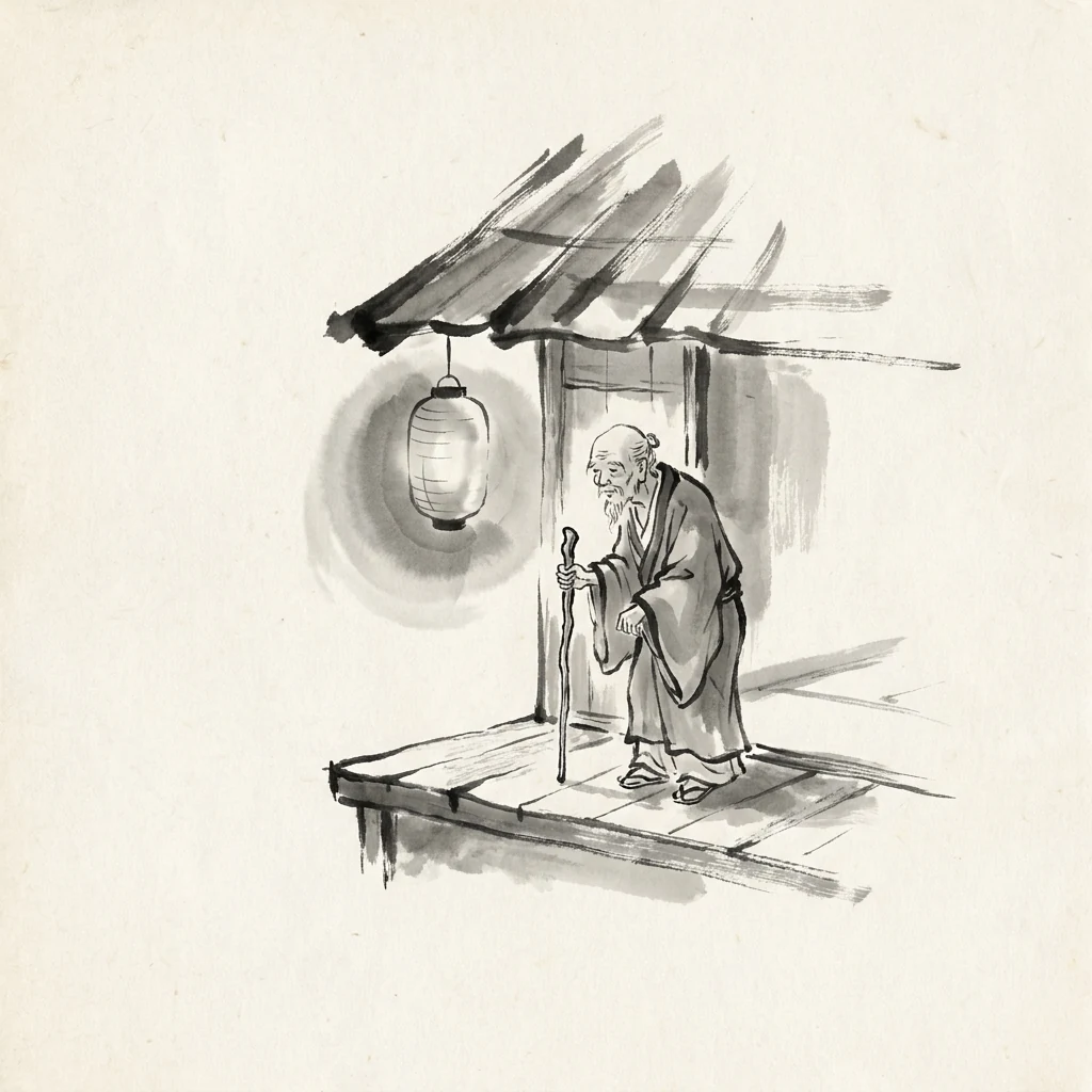 Sumi-e ink art: a calm steward watching over a small house — MOG Site Director