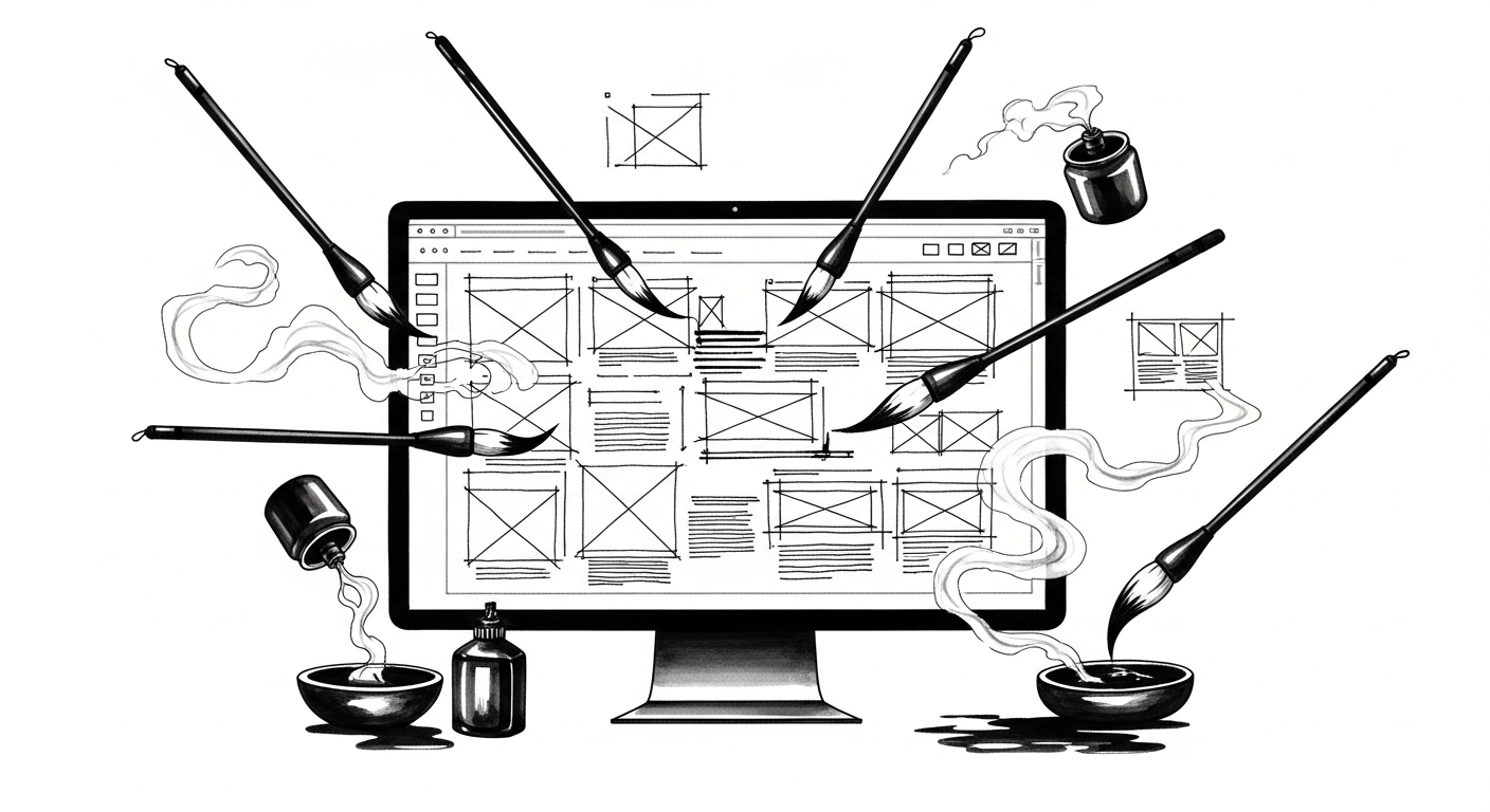 Japanese ink painting of a web designer's screen with artistic brushstrokes representing hand-coded HTML5 and CSS3 development