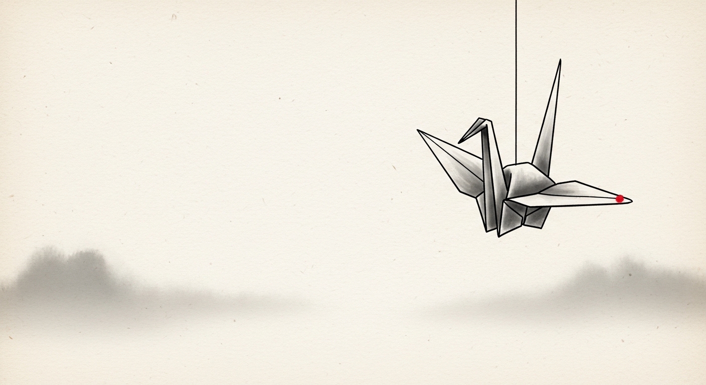 Ink-wash origami crane evoking Shopify's polished commerce presence