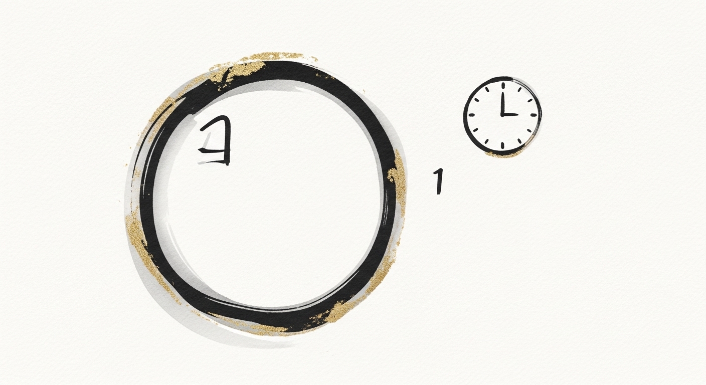 Sumi-e ink illustration of a calendar and clock