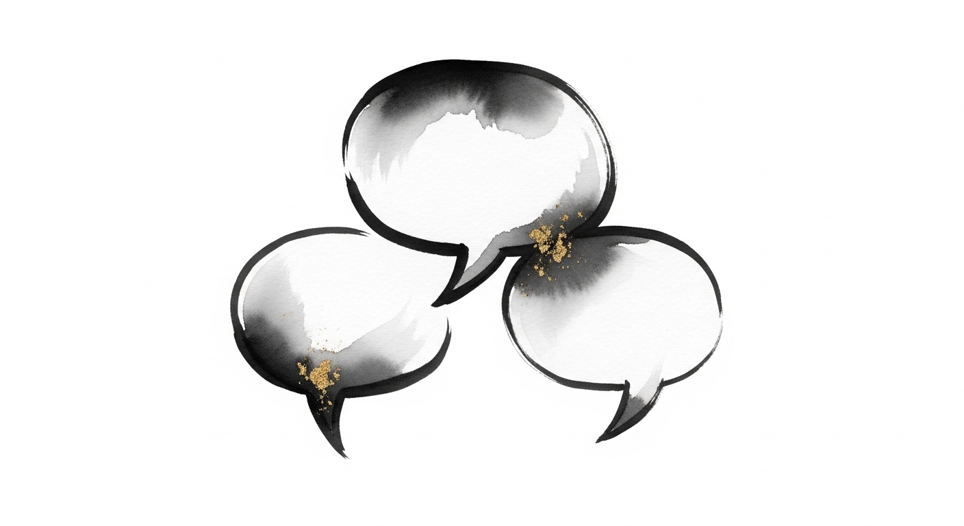Sumi-e ink illustration of speech bubbles in conversation