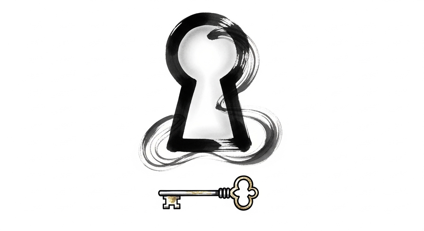 Sumi-e ink illustration of a key and keyhole