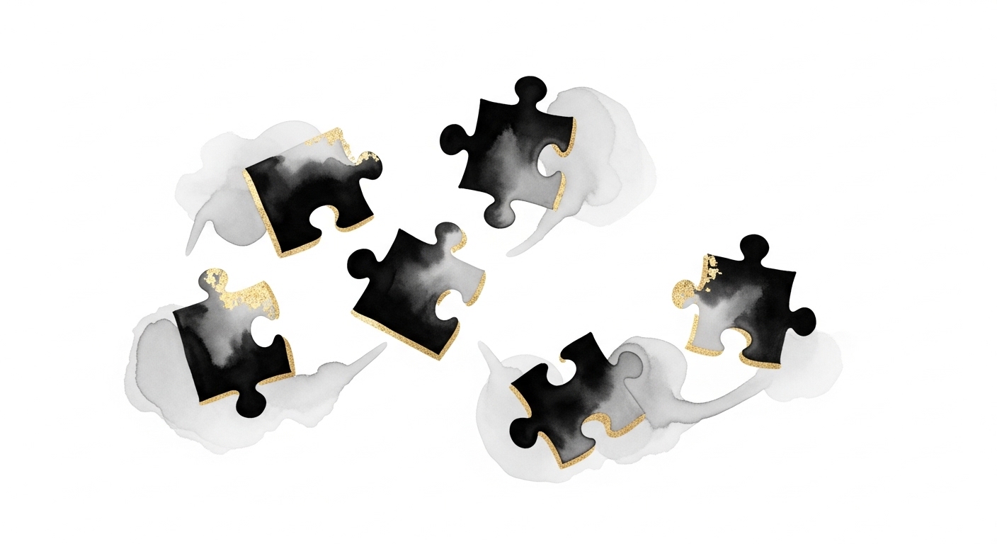 Sumi-e ink illustration of interlocking puzzle pieces