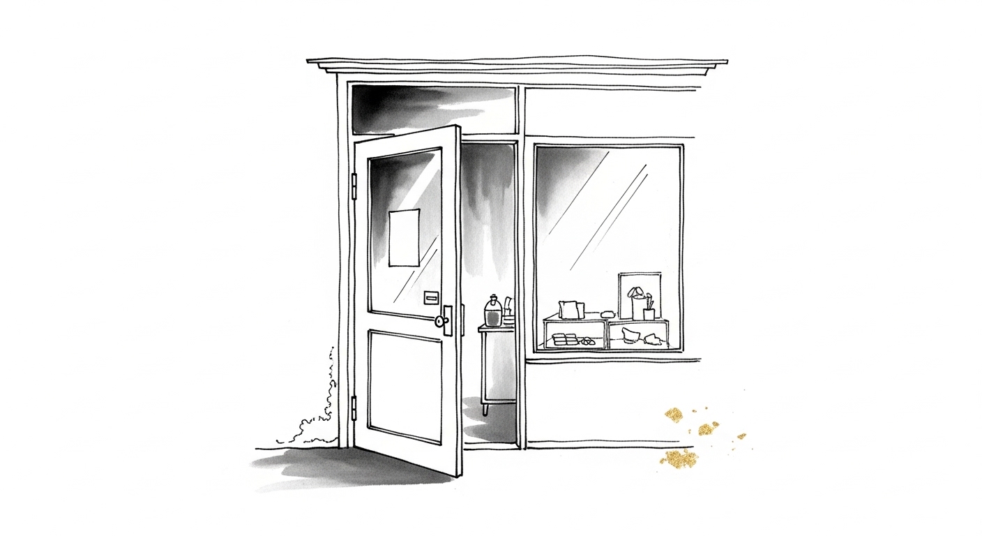 Sumi-e ink illustration of a storefront