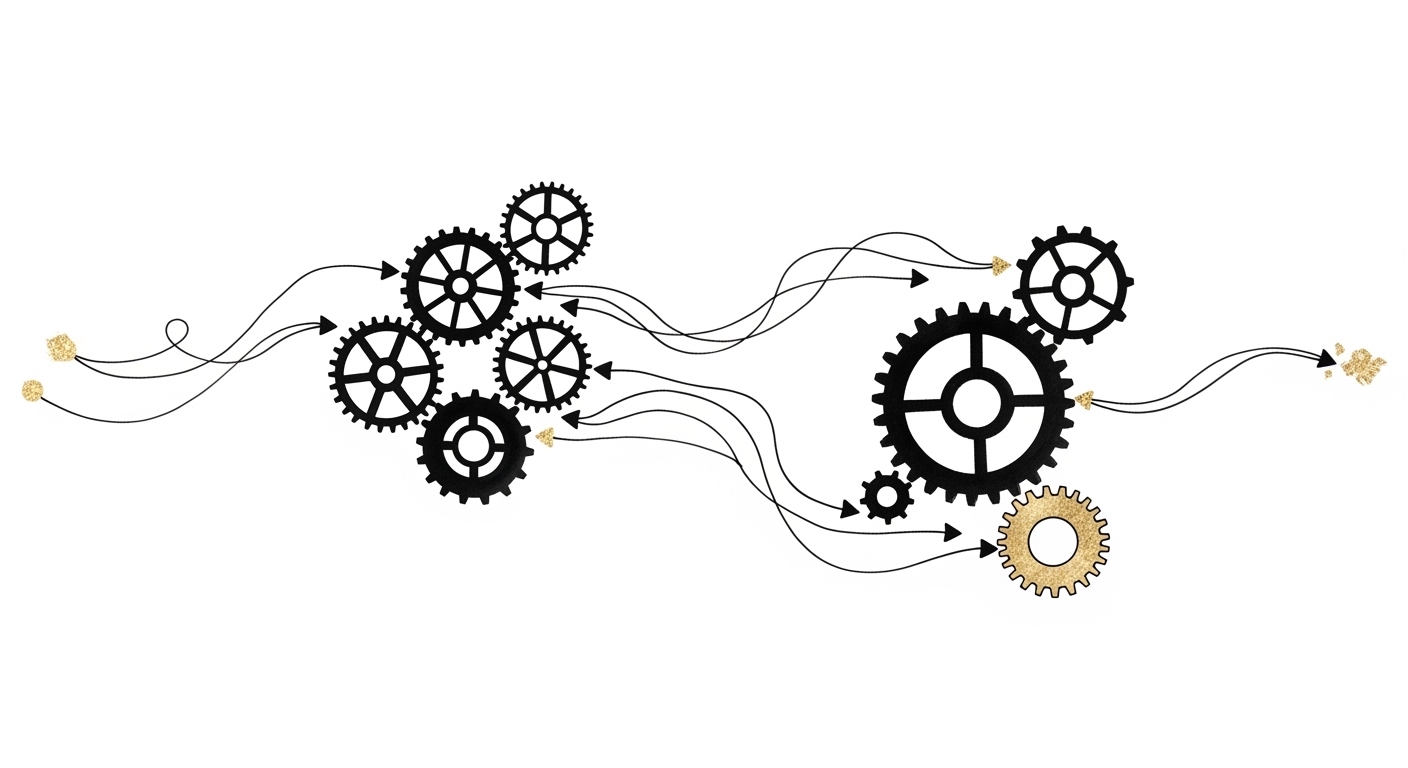Sumi-e ink illustration of interconnected gears