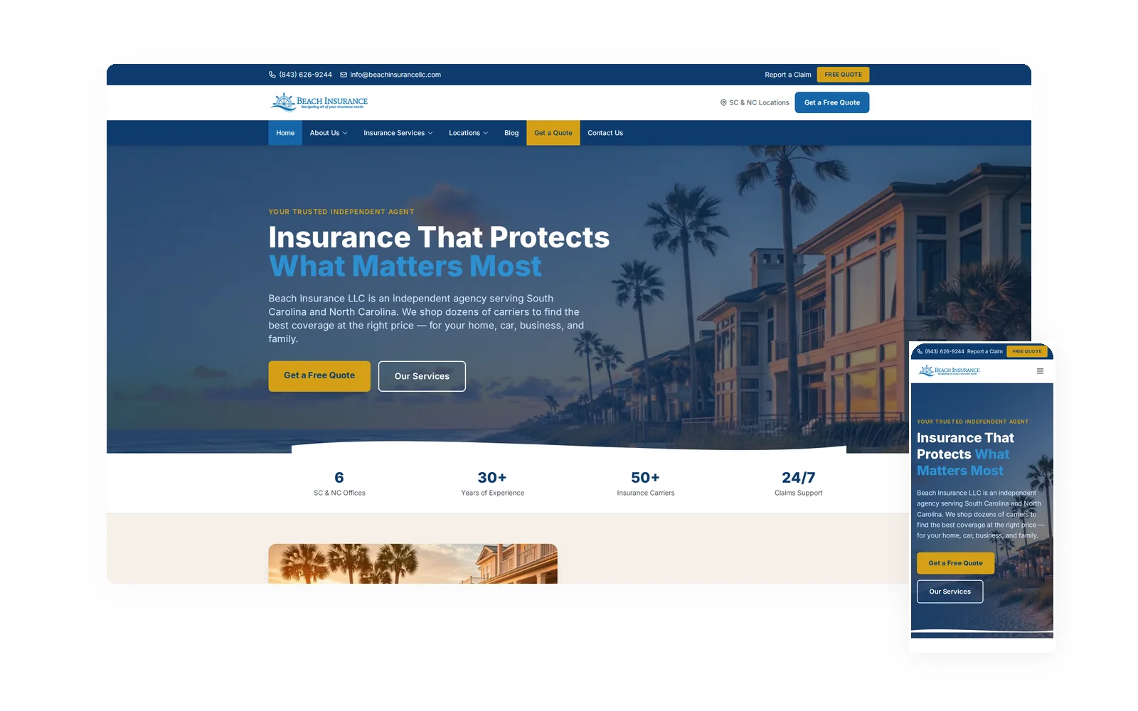 Beach Insurance — desktop and mobile views of the forged website by Idea Forge Studios