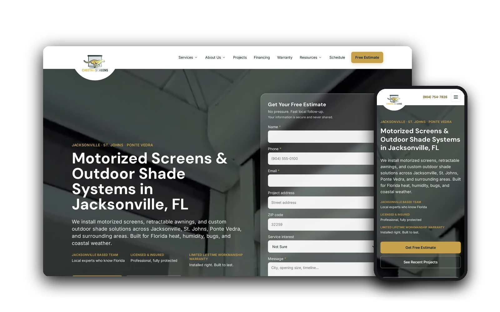 Cheetah Screens — desktop and mobile views of the forged website by Idea Forge Studios