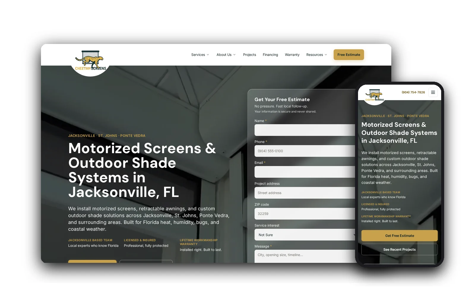 Cheetah Screens — desktop and mobile views of the forged website by Idea Forge Studios