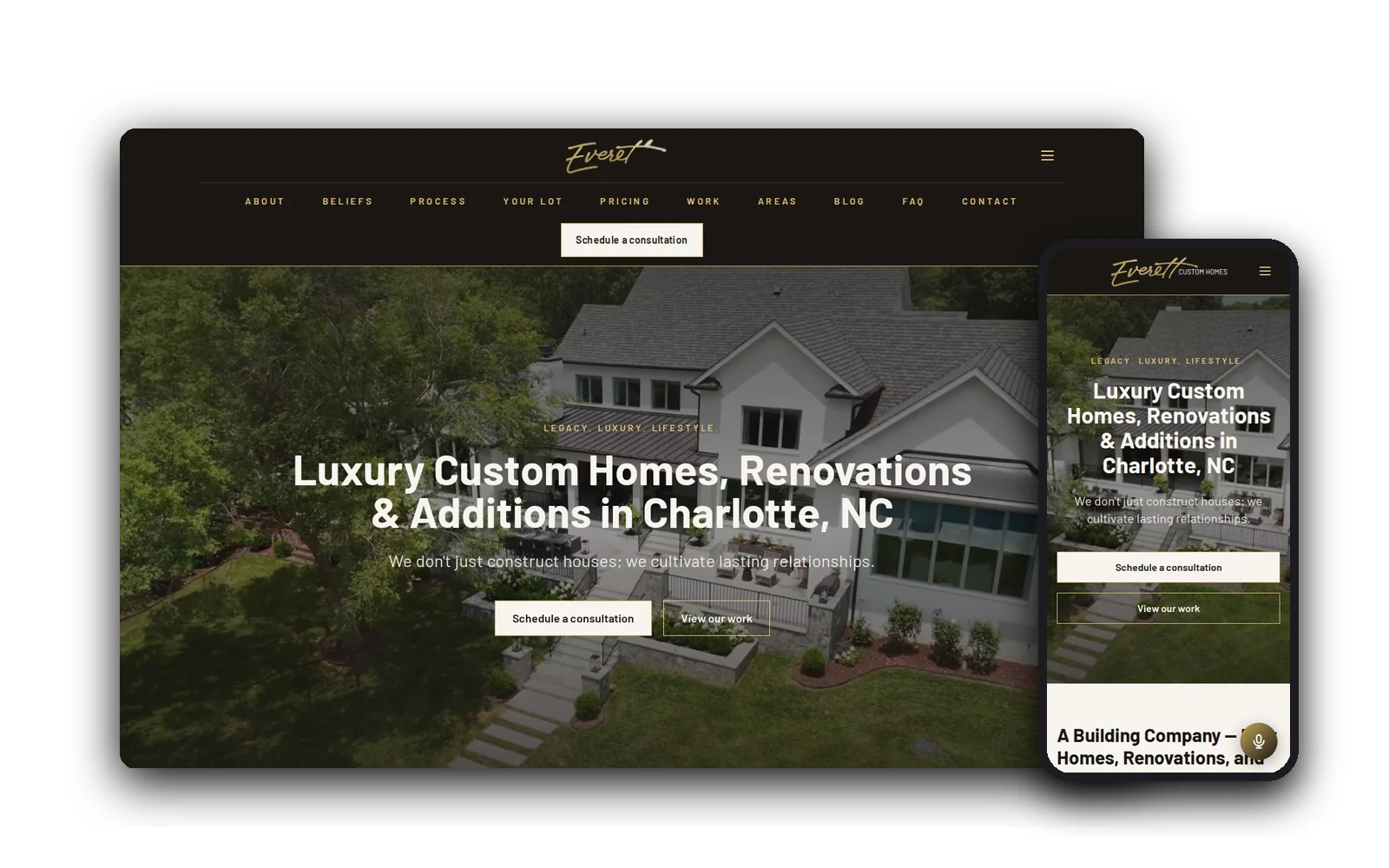 Everett Custom Homes — desktop and mobile views of the forged website by Idea Forge Studios