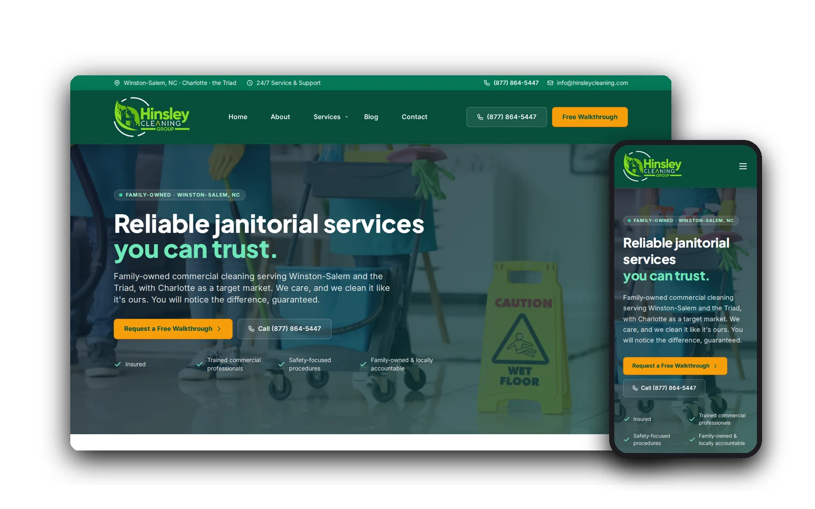 Hinsley Cleaning Group — desktop and mobile views of the forged website by Idea Forge Studios