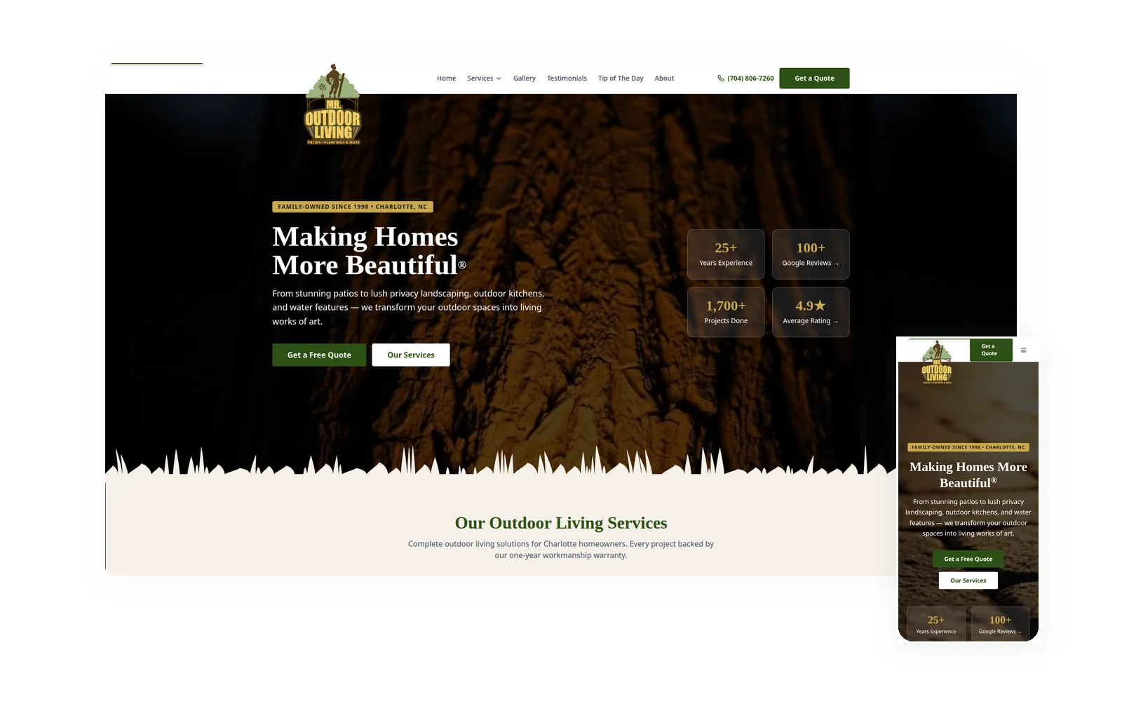 Mr. Outdoor Living® — desktop and mobile views of the forged website by Idea Forge Studios