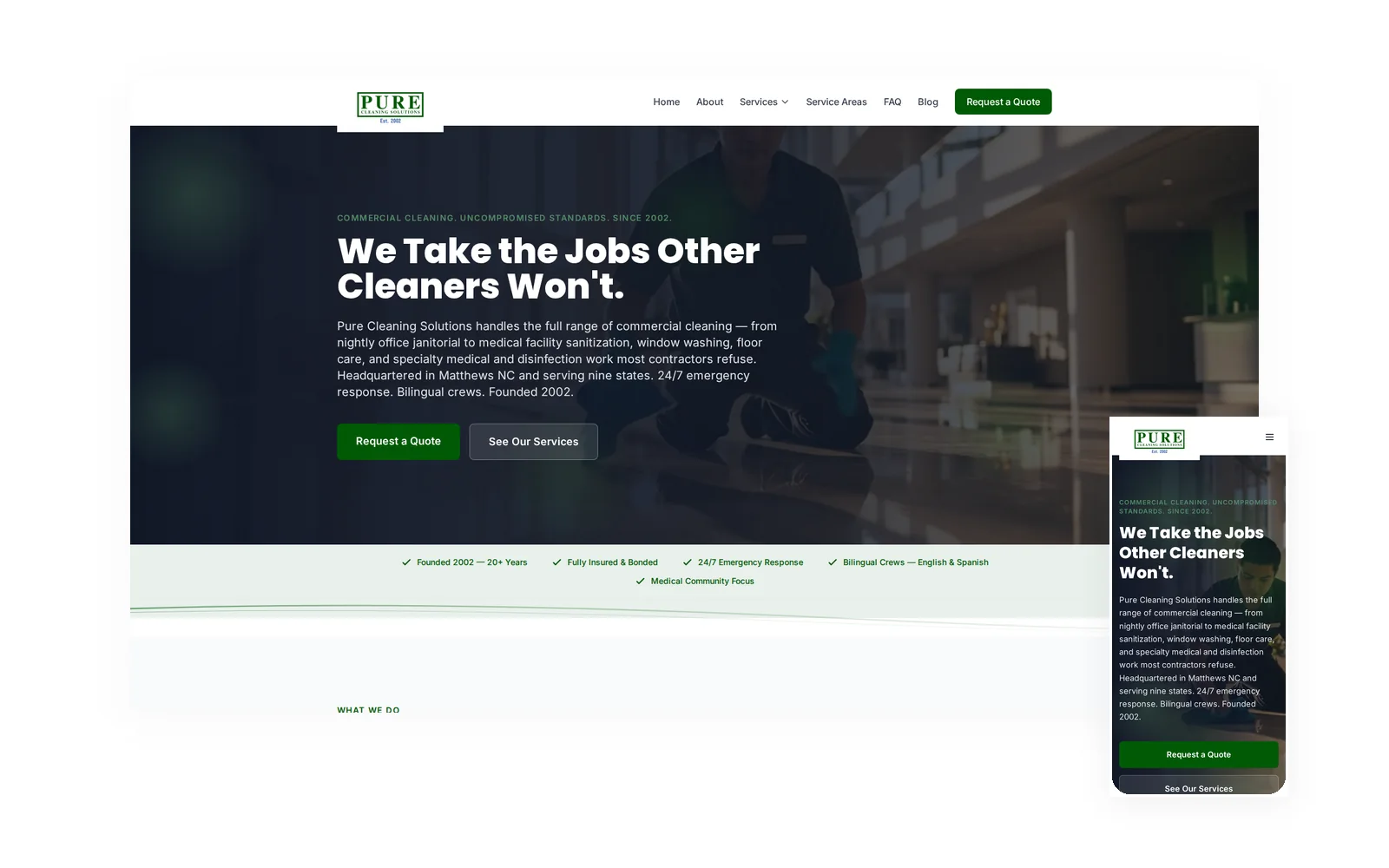 Pure Cleaning Solutions — desktop and mobile views of the forged website by Idea Forge Studios