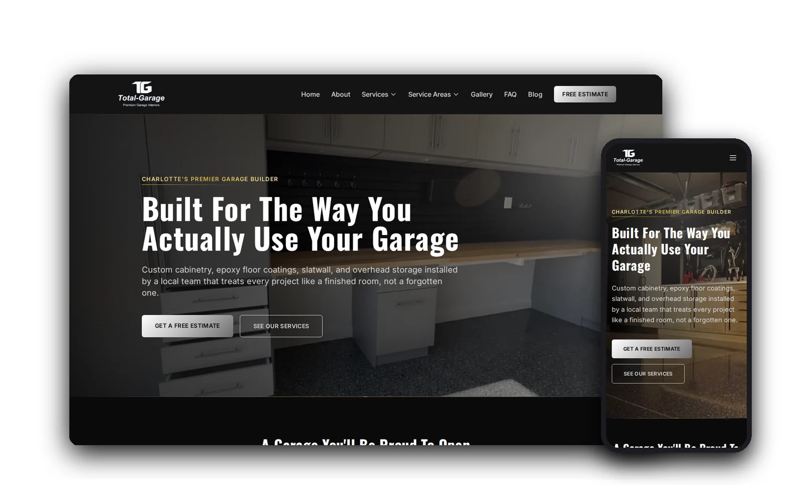 Total Garage Charlotte — desktop and mobile views of the forged website by Idea Forge Studios