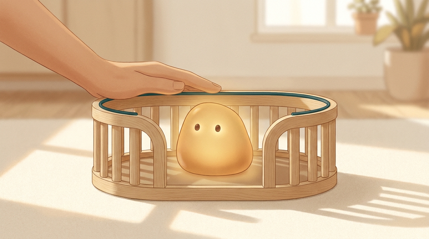 A friendly rounded amber figure sits inside a light wooden enclosure while a person's hand rests on the rim, illustrating an AI kept within safe limits.