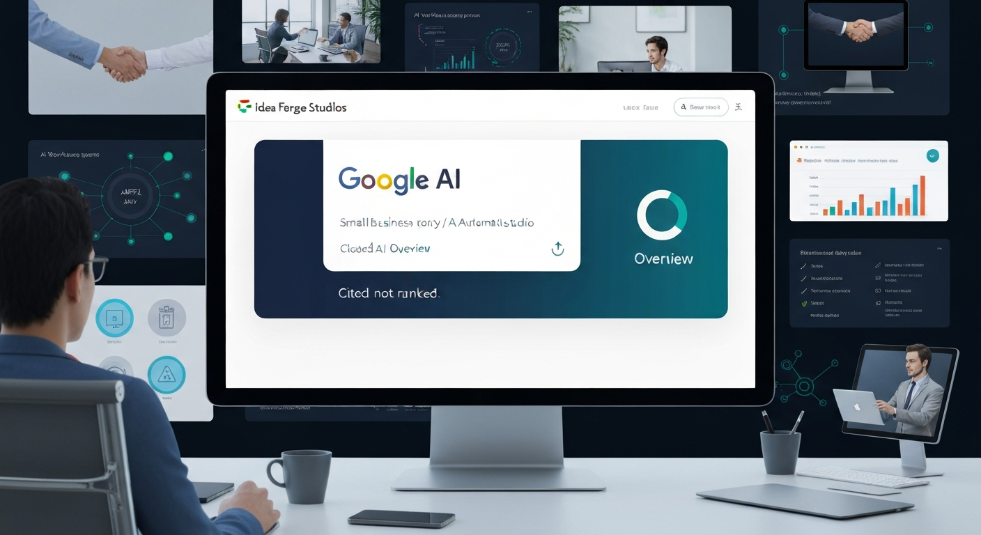 A small business owner at a modern desk watching their own website named as the cited source inside a clean Google AI Overview answer card, in deep teal-blue and navy tones.